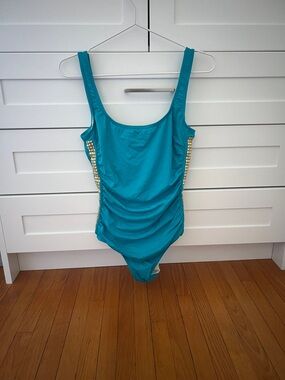 Michael Kors Turquoise One-Piece Swimsuit with Gold Stud Side Panels